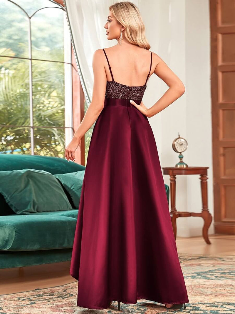 Jill decorated satin high low burgundy ball dress s8 Express NZ wide - Bay Bridal and Ball Gowns