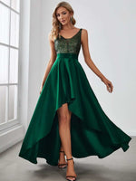 Jill decorated satin high low emerald ball dress Express NZ wide - Bay Bridal and Ball Gowns