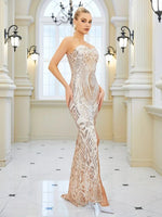Jinnie sequin ball gown with mid split in rose gold Express NZ wide - Bay Bridal and Ball Gowns