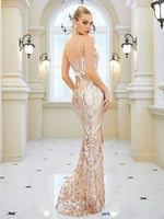 Jinnie sequin ball gown with mid split in rose gold Express NZ wide - Bay Bridal and Ball Gowns