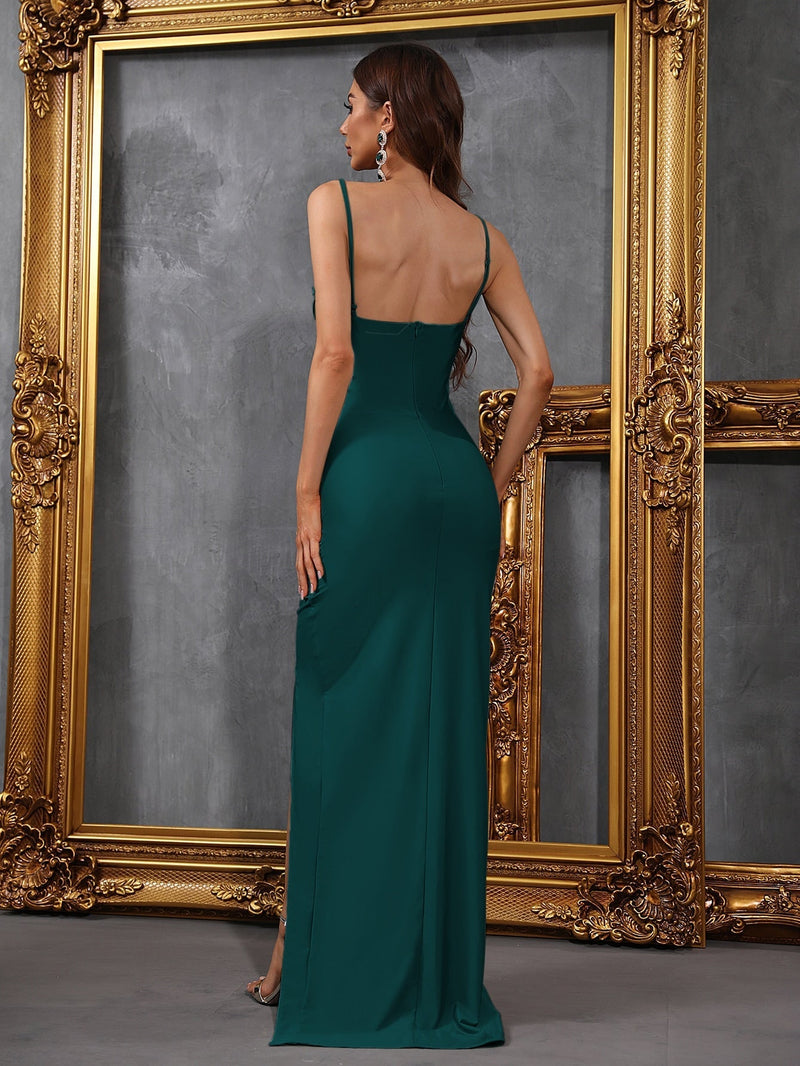 Joanie corset style dark green fitted gown with split Express NZ wide - Bay Bridal and Ball Gowns