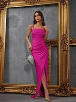 Joanie corset style Hot pink fitted gown with split Express NZ wide - Bay Bridal and Ball Gowns