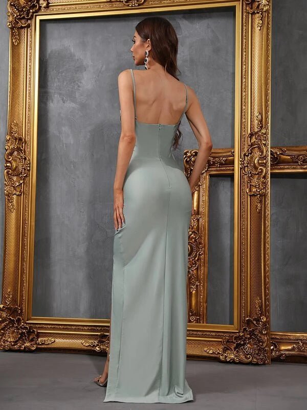 Joanie corset style light sage fitted gown with split size 6 Express NZ wide - Bay Bridal and Ball Gowns