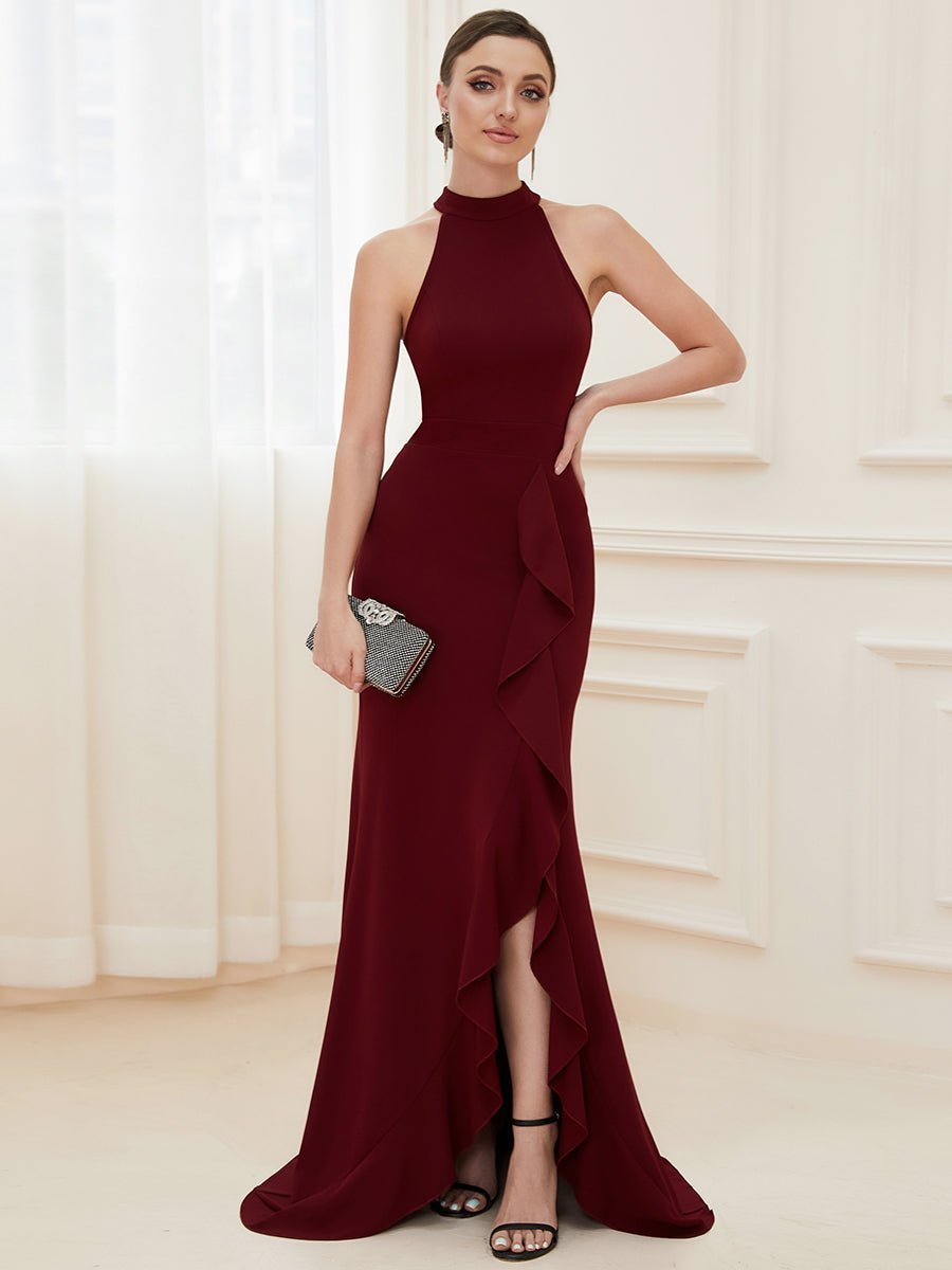 Jordin pencil dress with halter neck in burgundy Express NZ wide - Bay Bridal and Ball Gowns