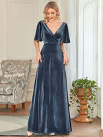 Jorrie full velvet short sleeved ball gown in dusky navy Express NZ wide - Bay Bridal and Ball Gowns