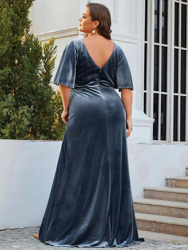 Jorrie full velvet short sleeved ball gown in dusky navy Express NZ wide - Bay Bridal and Ball Gowns