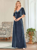 Jorrie full velvet short sleeved winter bridesmaid gown - Bay Bridal and Ball Gowns