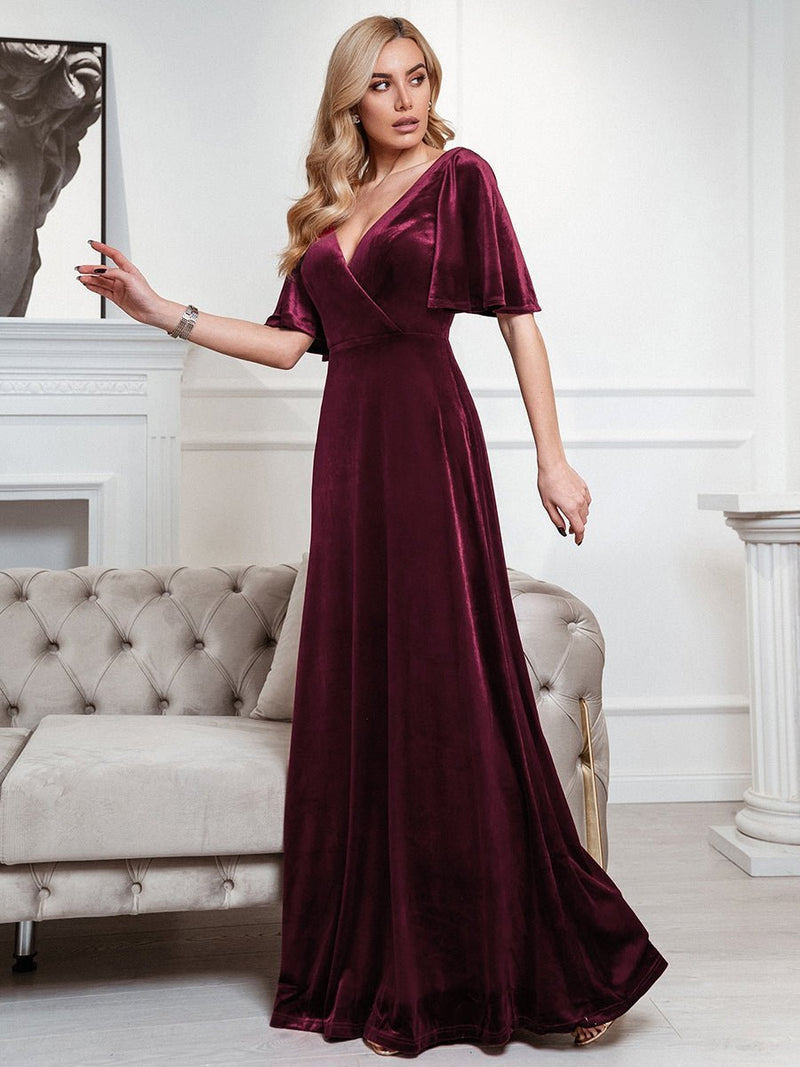 Jorrie velvet short sleeved winter gown in burgundy s20 Express NZ wide - Bay Bridal and Ball Gowns