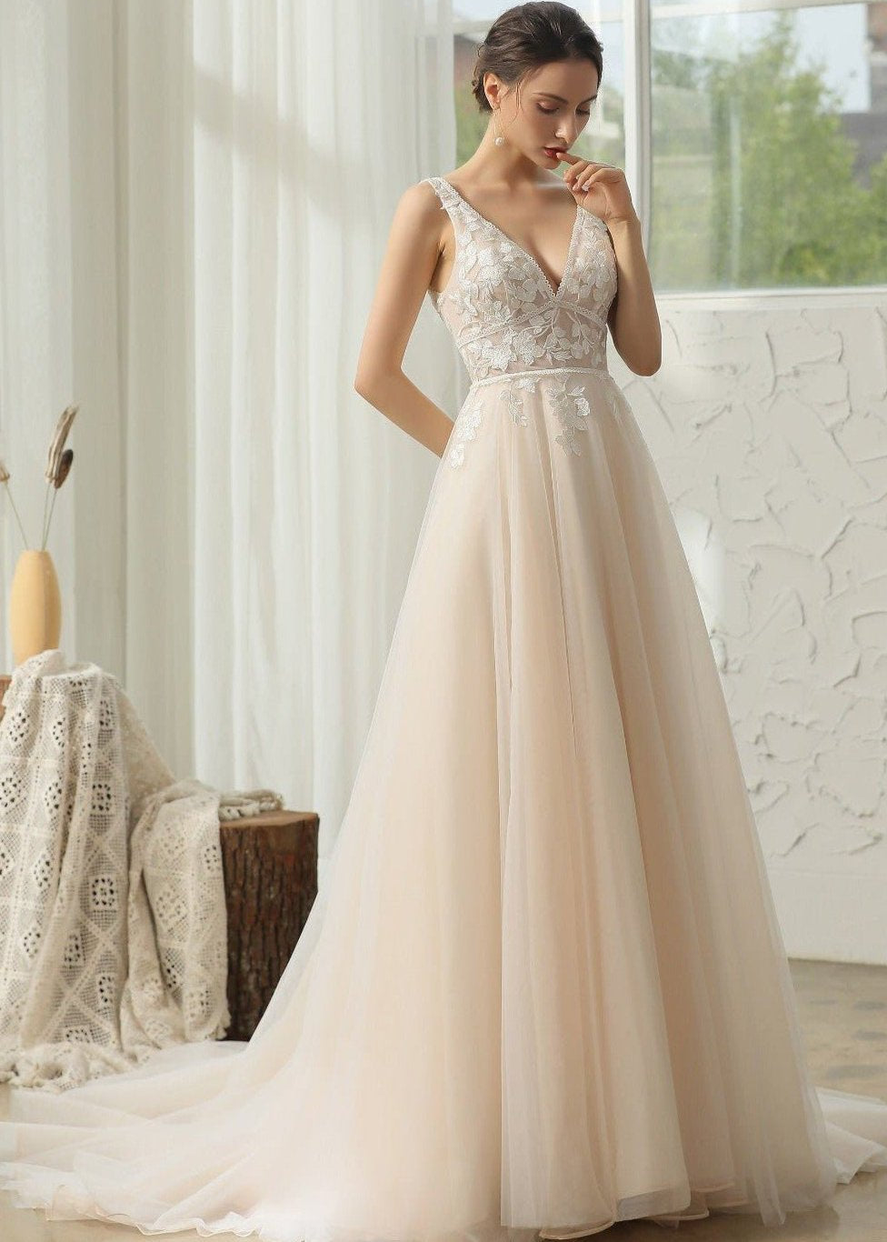 Chardonay ivory and applique lace wedding gown Bay Bridal