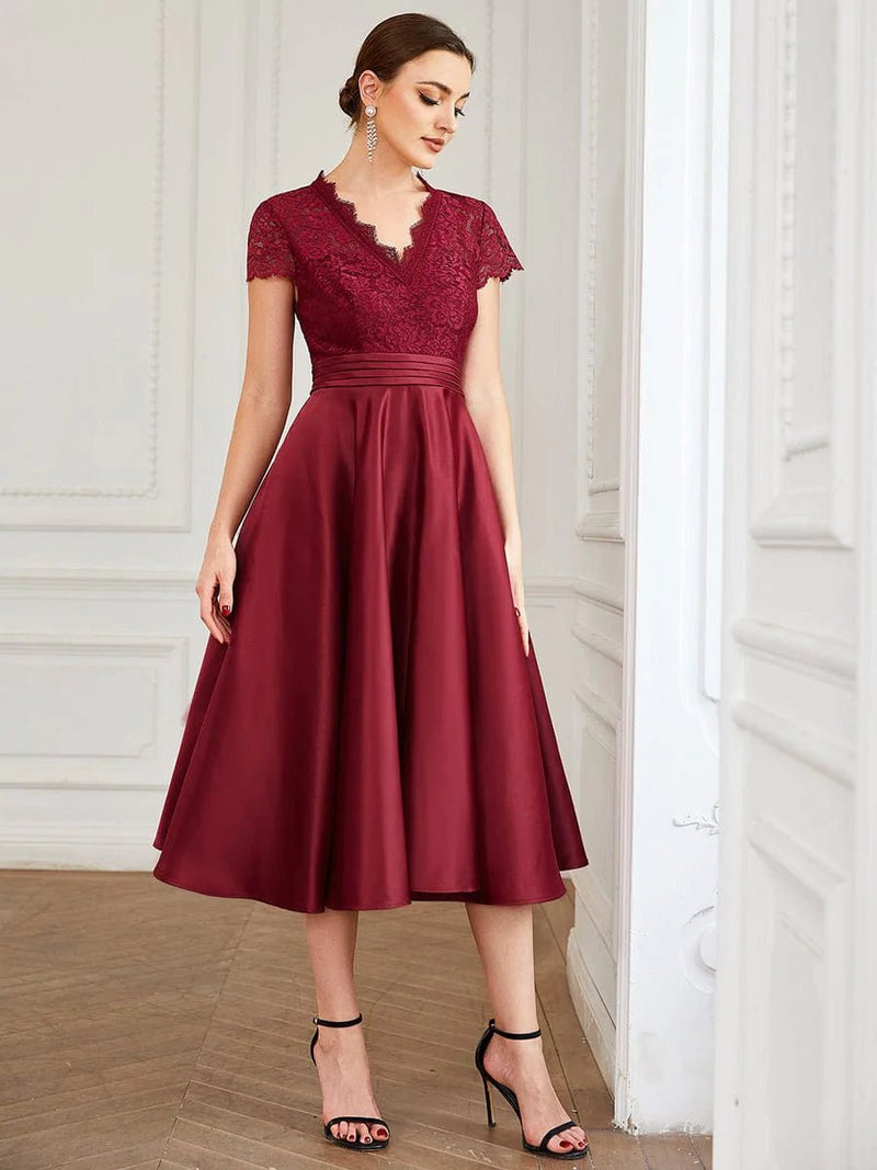 June classy tea length lace and satin dress in burgundy size 24 Express NZ wide - Bay Bridal and Ball Gowns