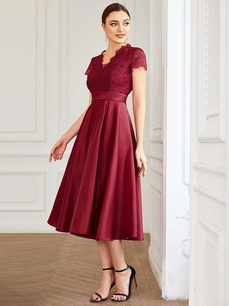 June classy tea length lace and satin dress in burgundy size 24 Express NZ wide - Bay Bridal and Ball Gowns