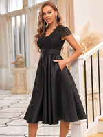 June classy tea length lace and satin mother of the bride dress - Bay Bridal and Ball Gowns