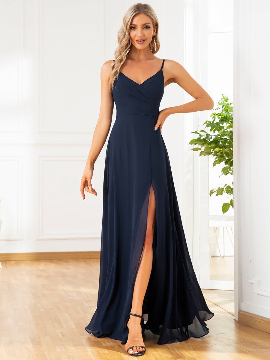 Kaia ball or bridesmaid dress with a split in navy Express NZ wide - Bay Bridal and Ball Gowns