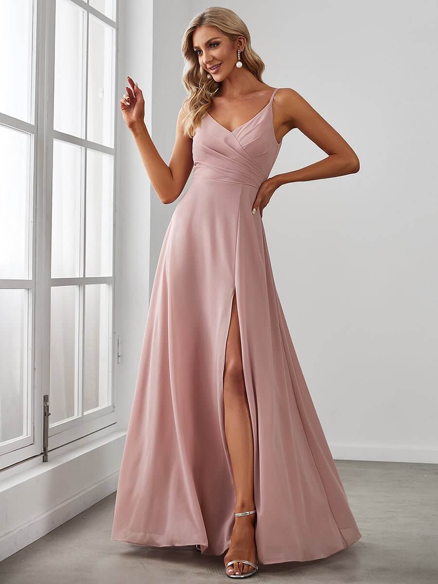 Kaia bridesmaid dress with split in dusty pink Express NZ wide - Bay Bridal and Ball Gowns