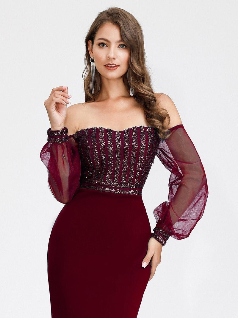 Kaleesi off shoulder dress with sleeves in burgundy size 14 Express NZ wide - Bay Bridal and Ball Gowns