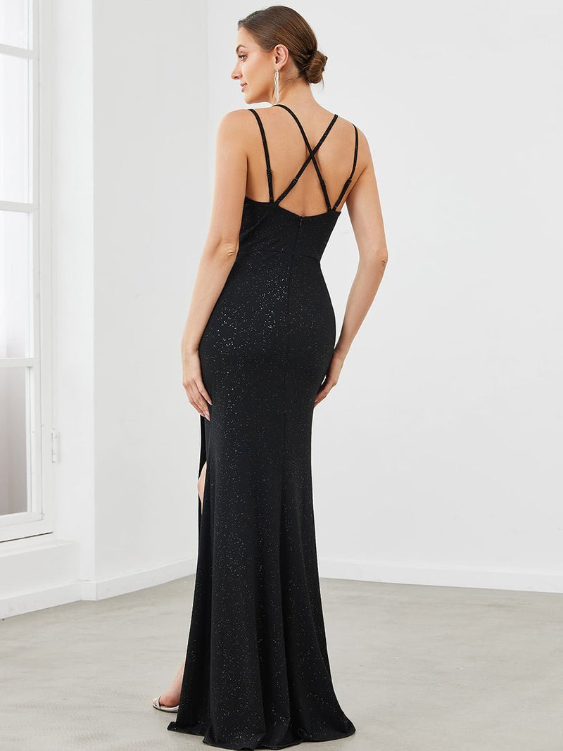 Karly black glittering ball dress with split and strappy back Express NZ Wide - Bay Bridal and Ball Gowns