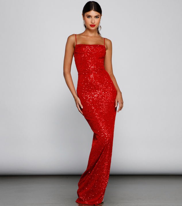 Karma bright red sequin dress with split Express NZ wide - Bay Bridal and Ball Gowns