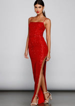 Karma bright red sequin dress with split Express NZ wide - Bay Bridal and Ball Gowns