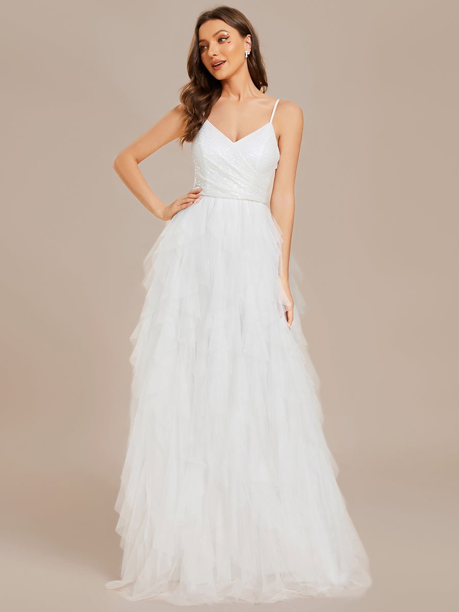 Karmil white ruffled ball dress with sequins s14-16 Express NZ wide - Bay Bridal and Ball Gowns