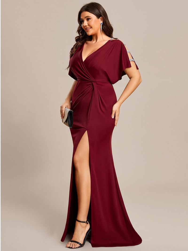 Kehlani Plus Size gown with split in burgundy Express NZ wide - Bay Bridal and Ball Gowns