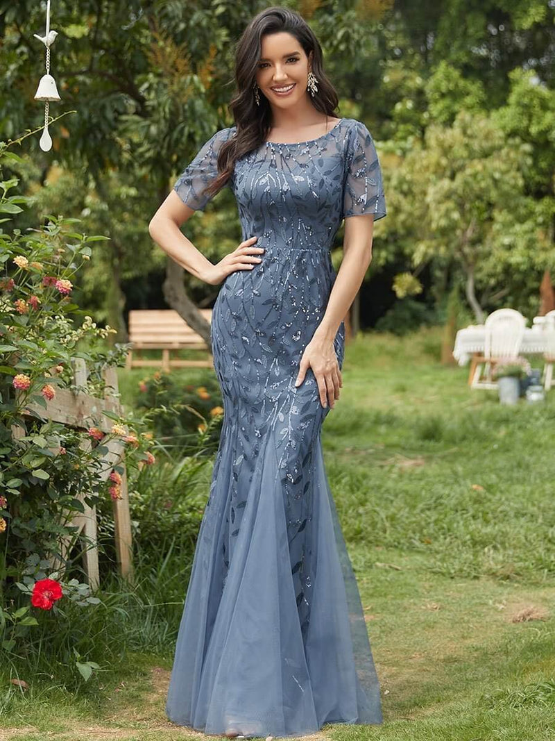 Krystal leaf pattern dress with sequins in dusky navy size 8-10 Express NZ wide - Bay Bridal and Ball Gowns