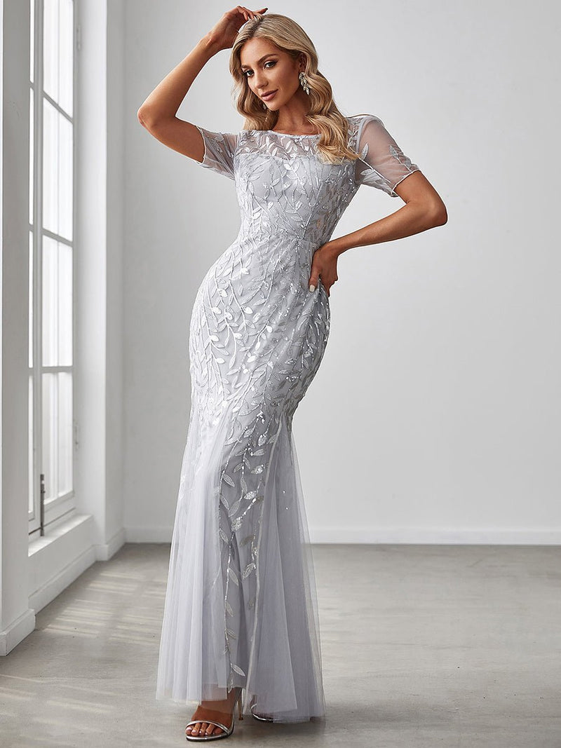 Krystal sequin leaf pattern dress in silver Express NZ wide - Bay Bridal and Ball Gowns