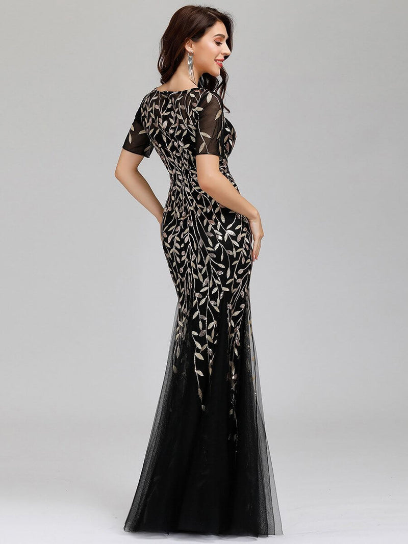 Krystal tulle embroidered leaf pattern dress with sequins in darker colors - Bay Bridal and Ball Gowns