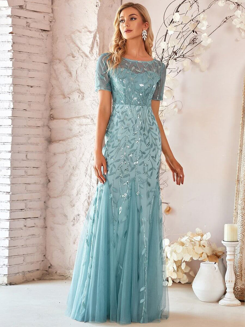 Krystal tulle embroidered leaf pattern dress with sequins in lighter colors - Bay Bridal and Ball Gowns