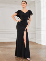 Kylie V Neck Short Sleeve gown with split in black Express NZ wide - Bay Bridal and Ball Gowns