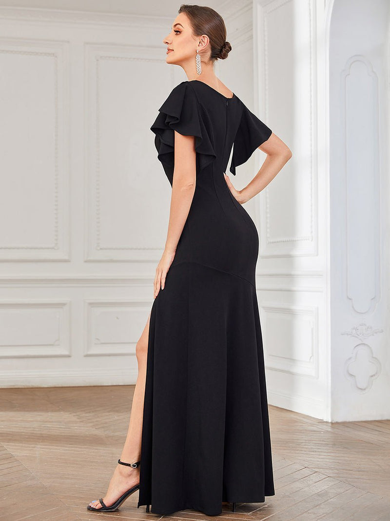 Kylie V Neck Short Sleeve gown with split in black Express NZ wide - Bay Bridal and Ball Gowns