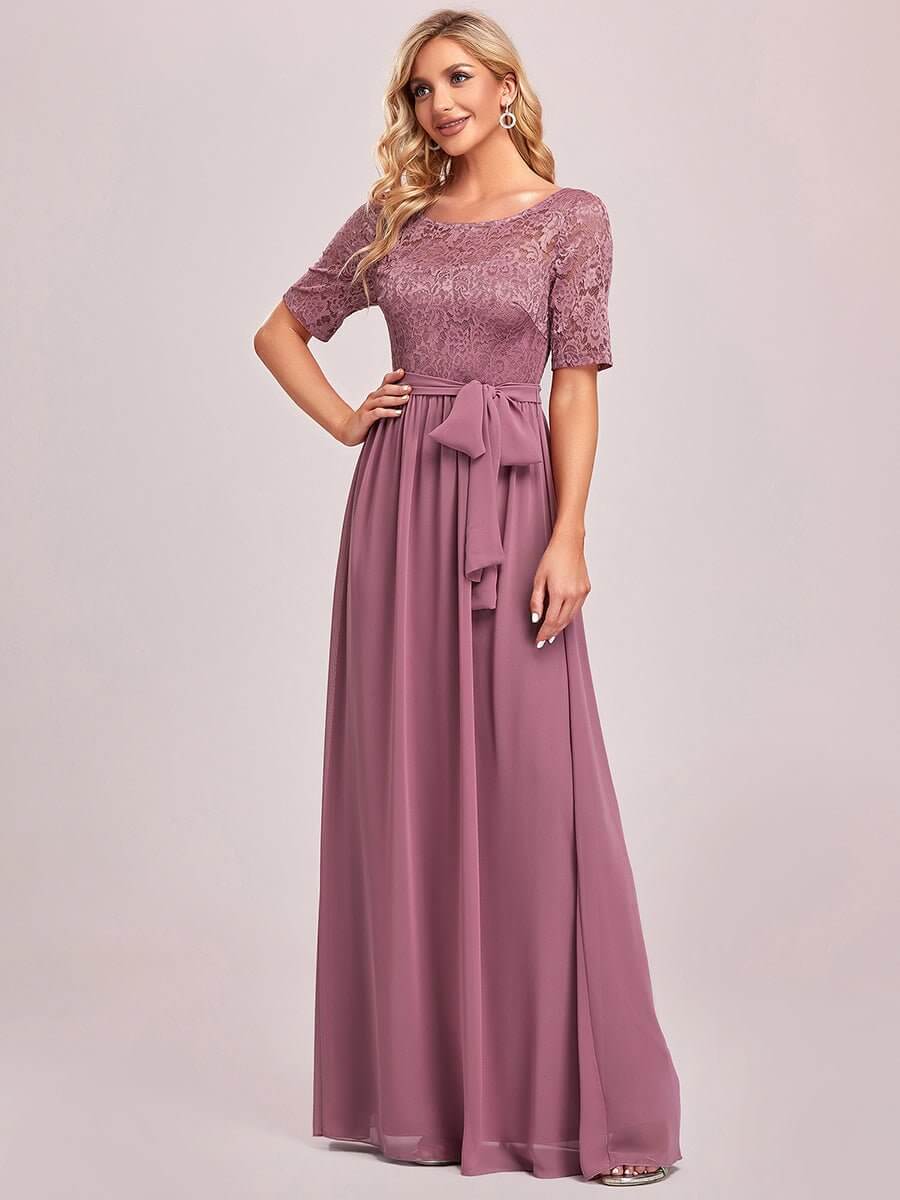 Leona chiffon and lace dress with sleeve in dusky rose Express NZ wide! - Bay Bridal and Ball Gowns