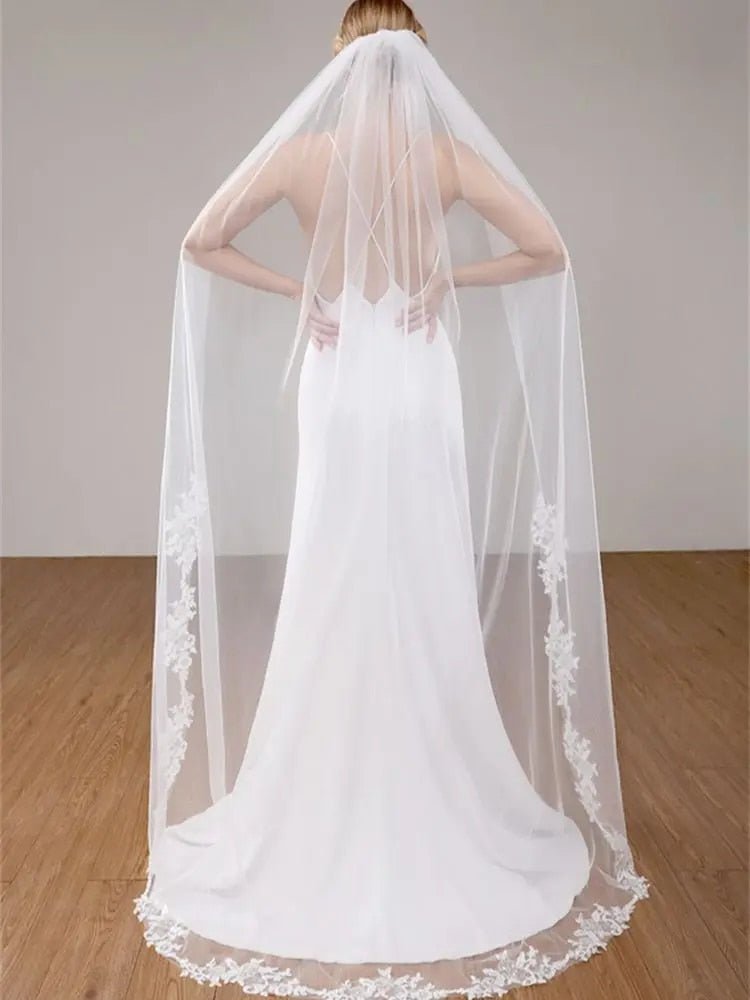 Liz Lace with shine trimmed bridal Veil in white - Bay Bridal and Ball Gowns