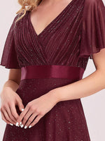 Lois flutter sleeve v neck glittering formal dress - Bay Bridal and Ball Gowns