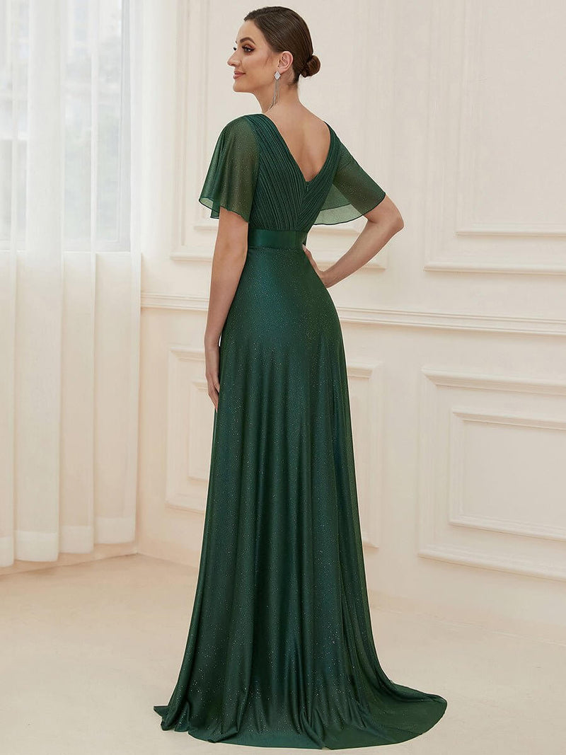 Lois flutter sleeve v neck glittering formal dress - Bay Bridal and Ball Gowns