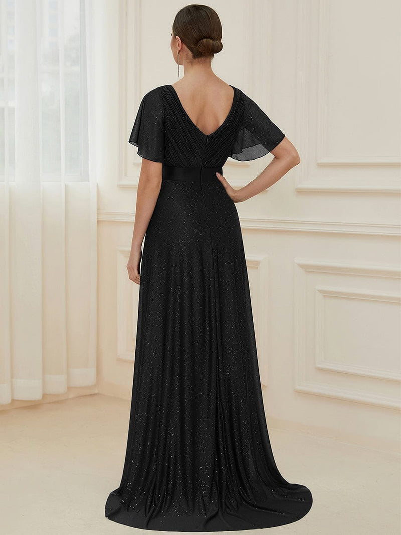 Lois flutter sleeve v neck glittering formal dress in black s18 Express NZ wide - Bay Bridal and Ball Gowns