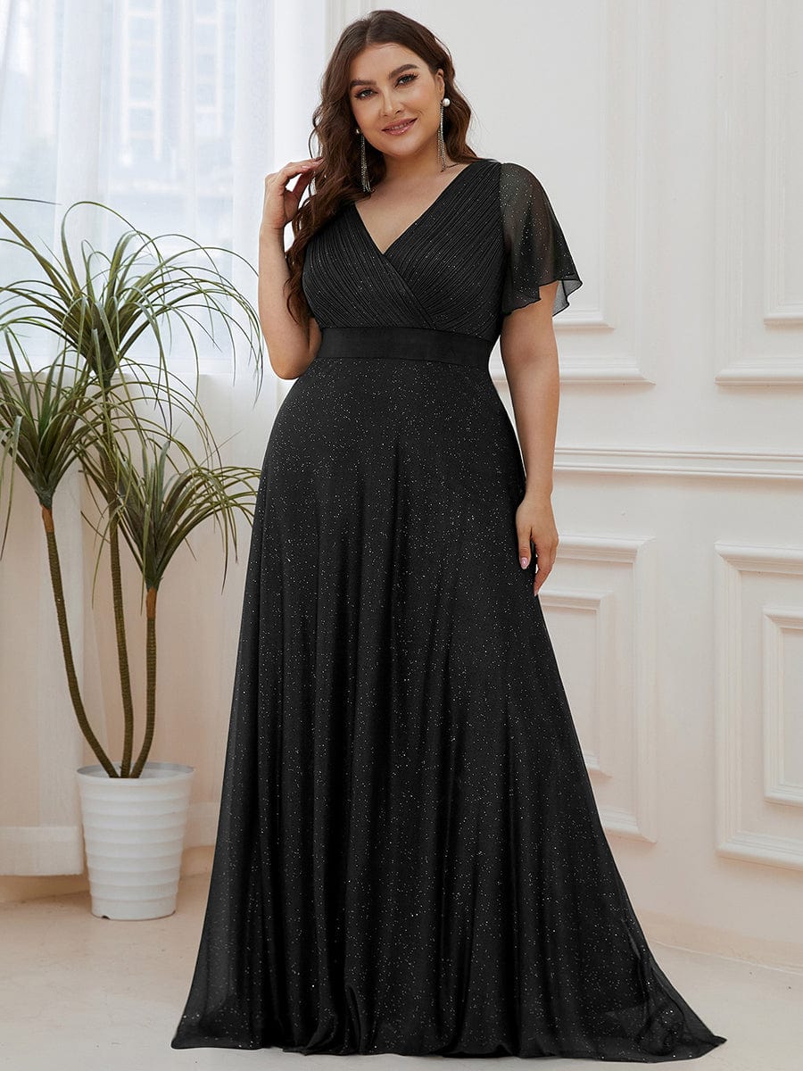 Lois flutter sleeve v neck glittering formal dress in black s18 Expres