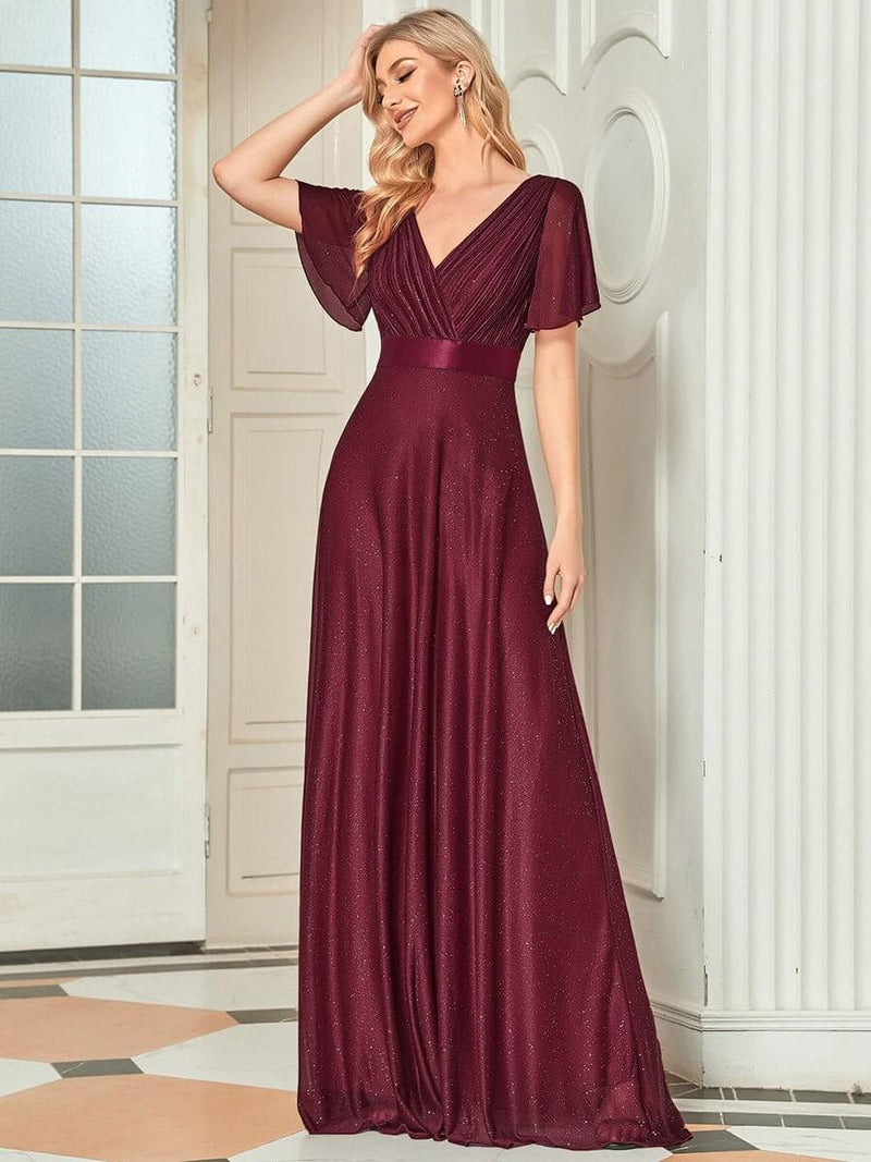 Lois flutter sleeve v neck glittering formal dress in burgundy Express NZ wide - Bay Bridal and Ball Gowns