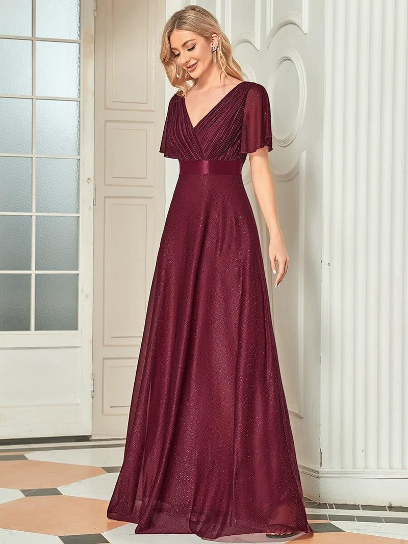 Lois flutter sleeve v neck glittering formal dress in burgundy Express NZ wide - Bay Bridal and Ball Gowns