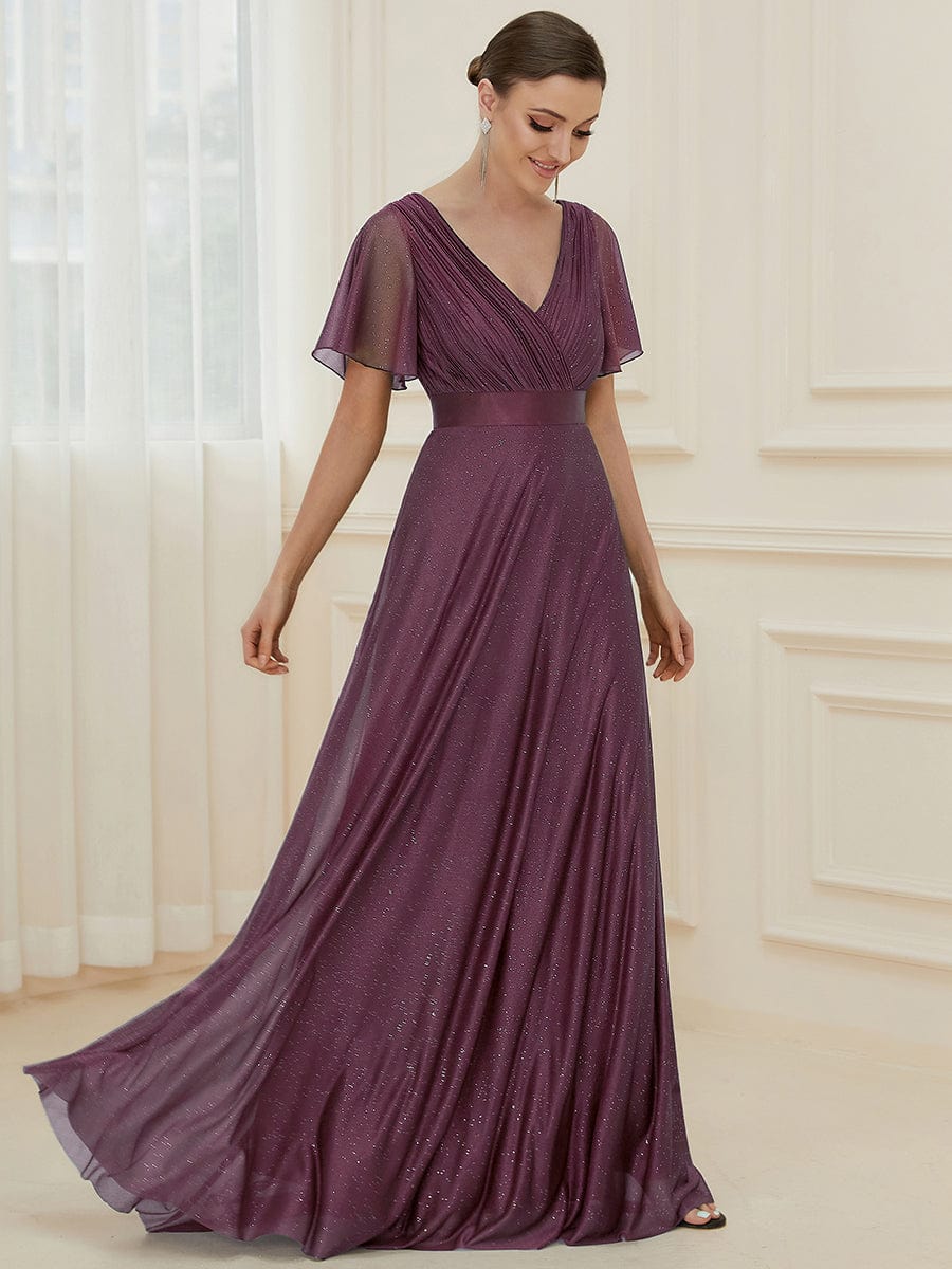 Lois flutter sleeve v neck glittering formal dress in plum size 14 Express NZ wide - Bay Bridal and Ball Gowns
