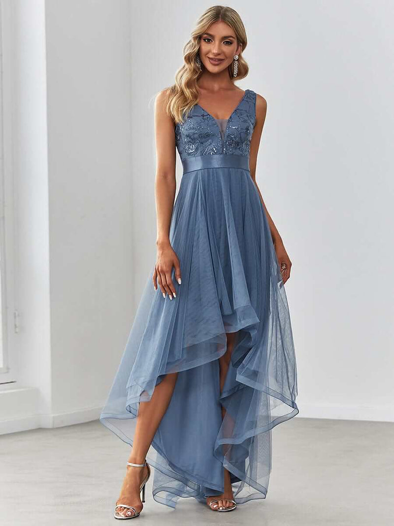 Loretta dusky blue High Low ball dress Express NZ wide - Bay Bridal and Ball Gowns