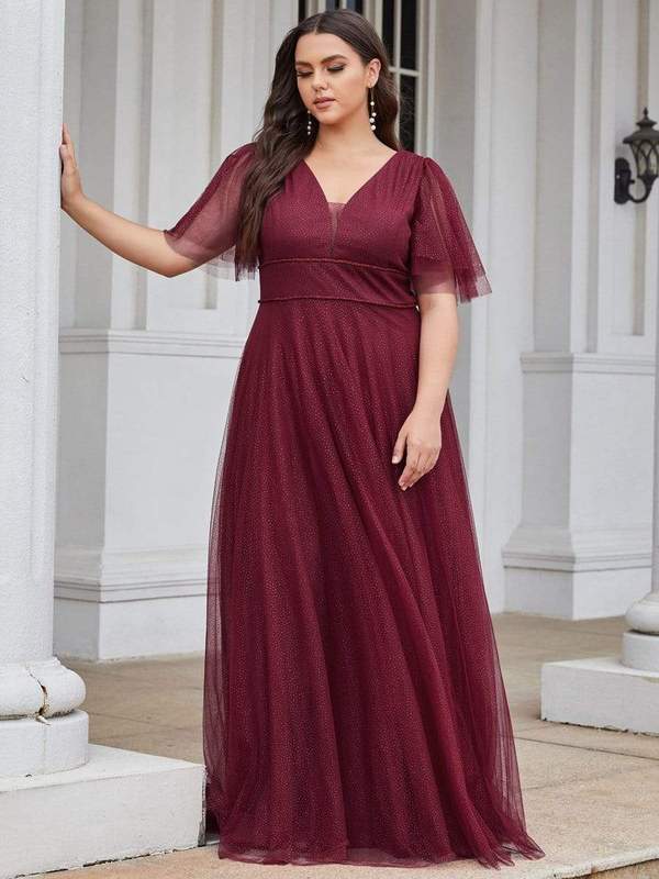 Lorrie flutter sleeve tulle ball gown in burgundy Express NZ wide - Bay Bridal and Ball Gowns