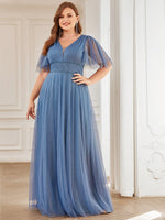 Lorrie flutter sleeve tulle ball gown in dusky navy Express NZ wide - Bay Bridal and Ball Gowns