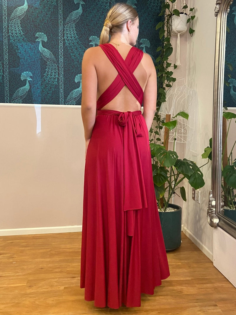 Luxe Brick Red Convertible Infinity bridesmaid dress - Bay Bridal and Ball Gowns