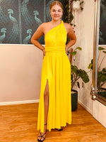 Luxe Bright Yellow convertible Infinity dress with split Express NZ wide - Bay Bridal and Ball Gowns