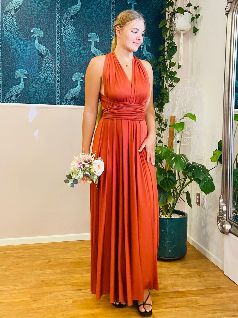 Luxe Burnt Orange Convertible Infinity bridesmaid dress - Bay Bridal and Ball Gowns