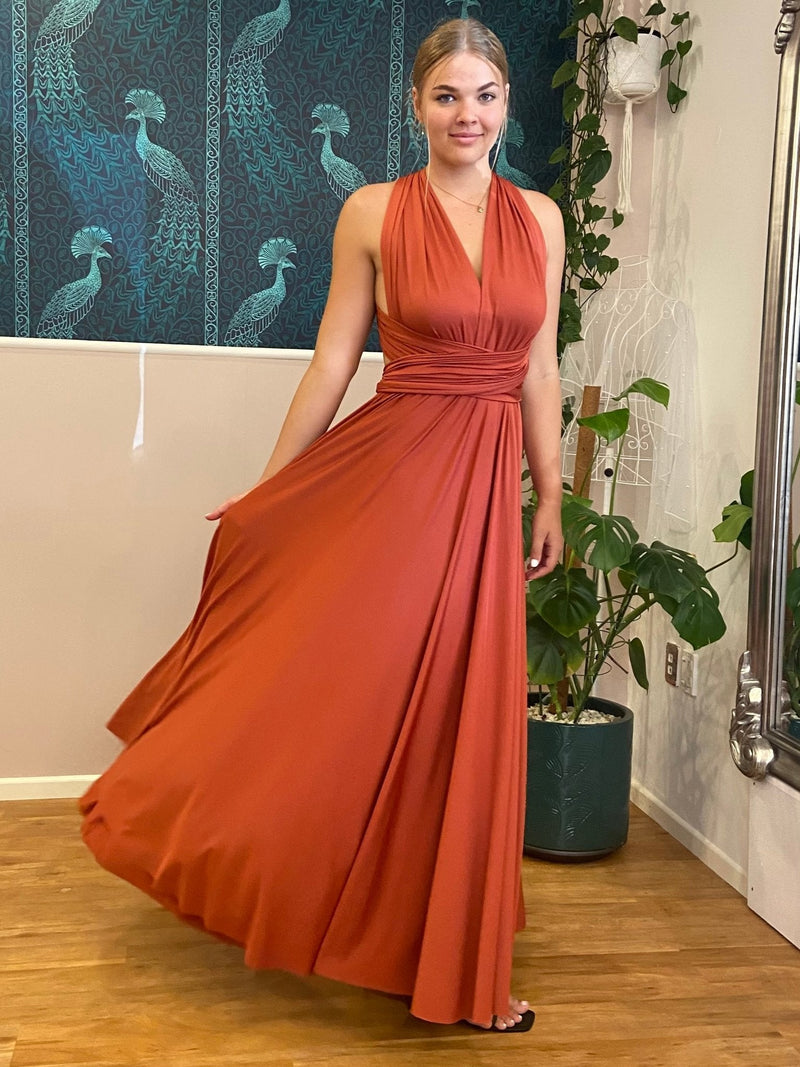 Luxe Burnt Orange Convertible Infinity bridesmaid dress Express NZ wide - Bay Bridal and Ball Gowns