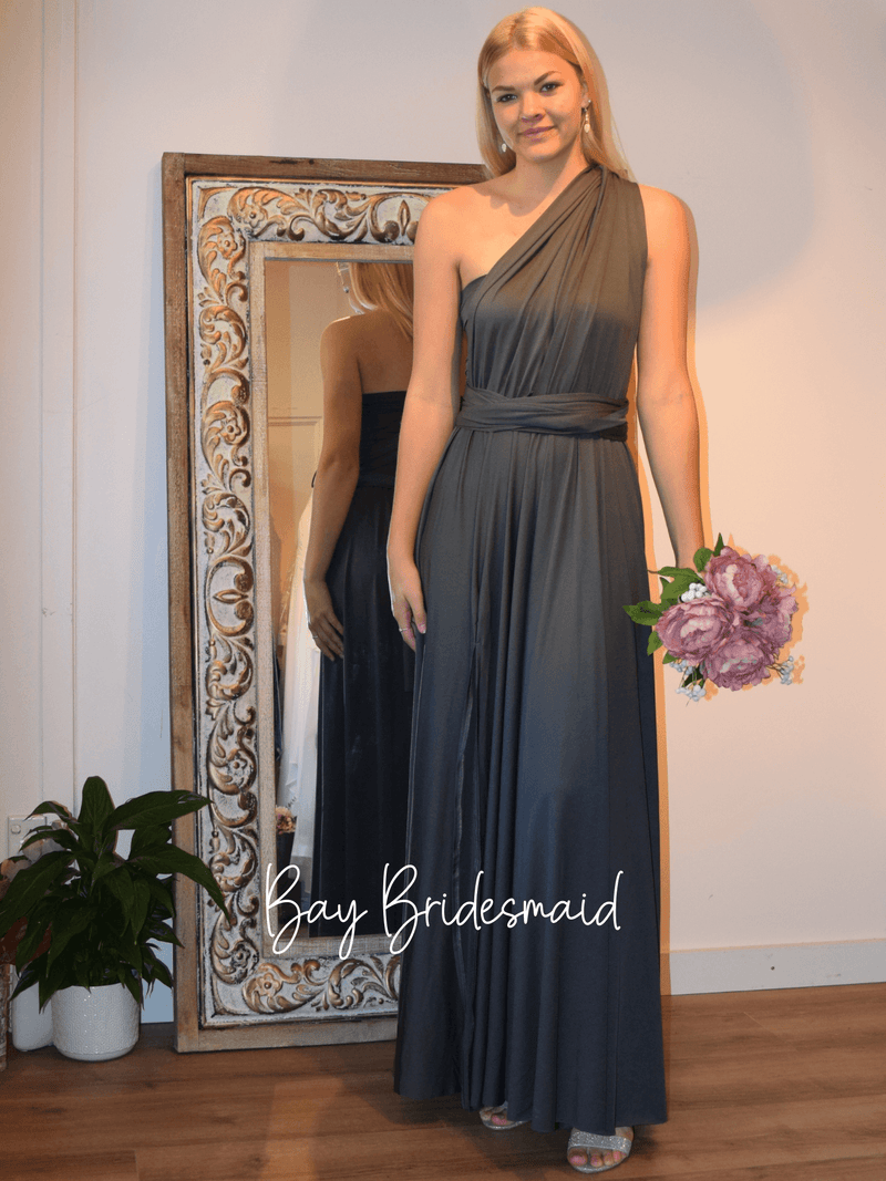 Luxe Charcoal Grey Convertible Infinity bridesmaid dress - Bay Bridal and Ball Gowns