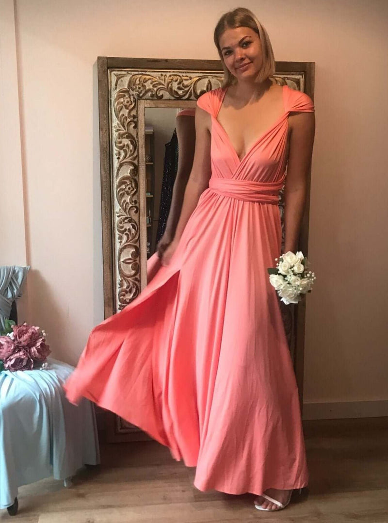 Luxe Darker Coral Convertible Infinity bridesmaid dress - Bay Bridal and Ball Gowns