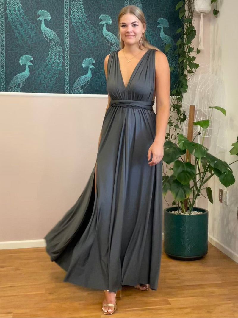 Luxe Darker Grey convertible Infinity dress with split Express NZ wide - Bay Bridal and Ball Gowns