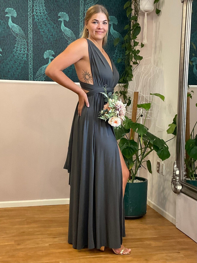 Luxe Darker Grey convertible Infinity dress with split Express NZ wide - Bay Bridal and Ball Gowns